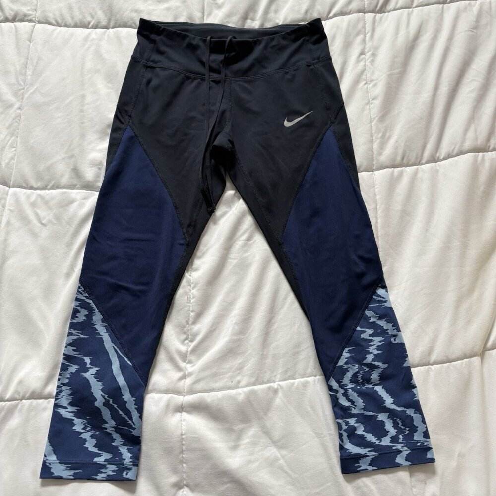 Nike Womens Running Capri Cropped Pants Leggings Black Blue‎ Drawstring